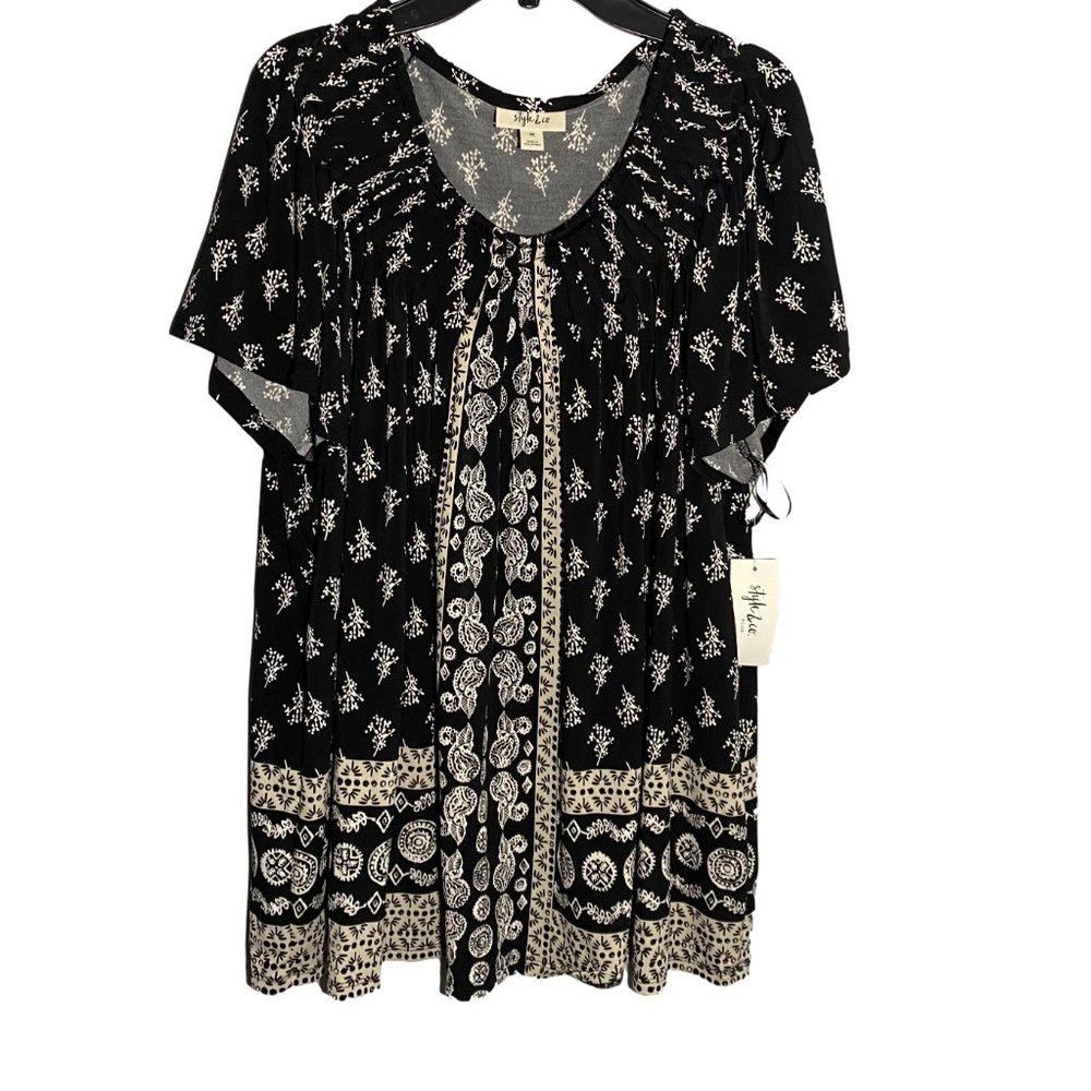 NWT Style & Co Plus Jewel Neck Peasant Top Black
